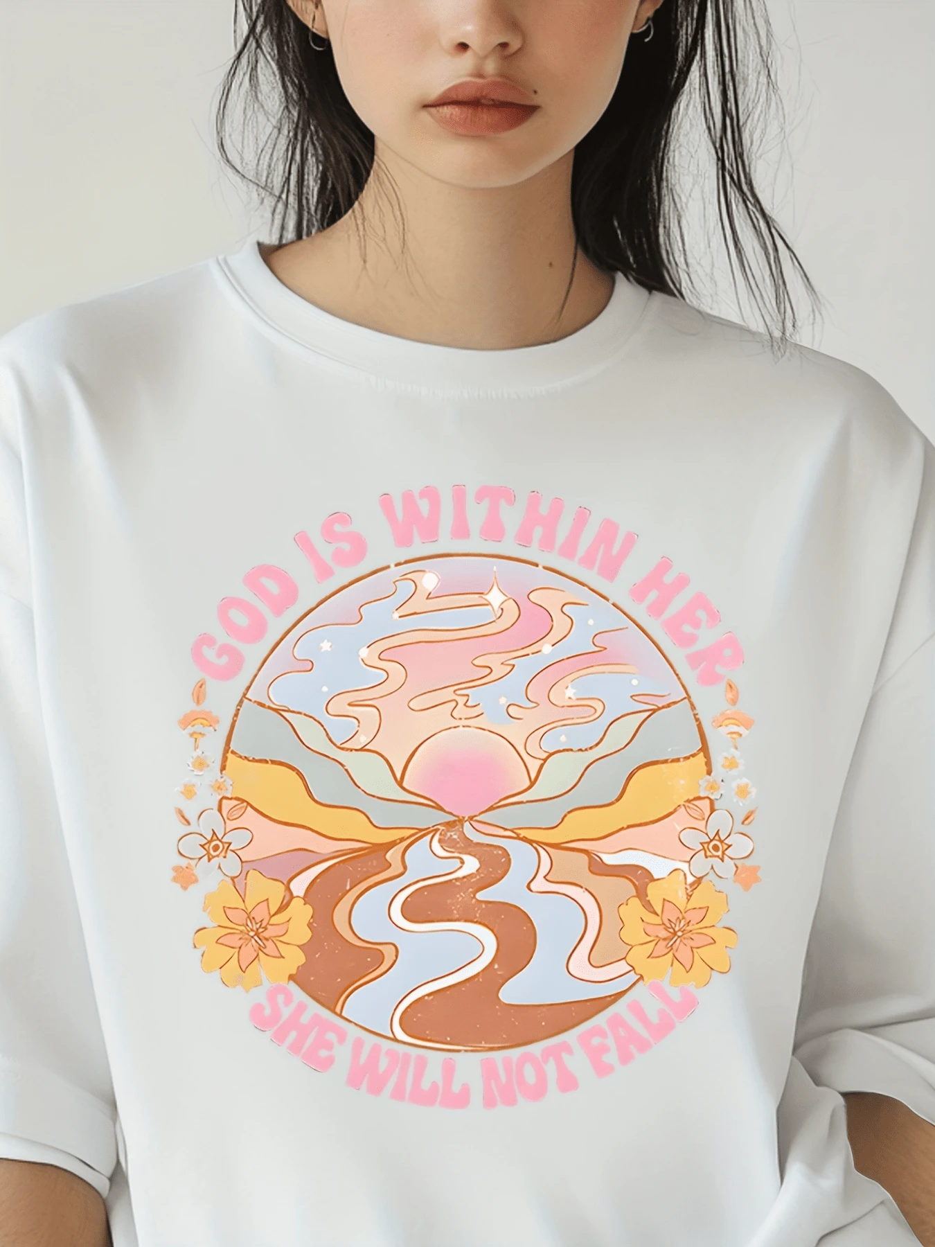 Sunset With Luminous Paths And Flowers Symbolizing Inner Strength, Hope, Faith, And Positive Energy To Overcome Challenges. Casual, Comfortable, And Modern Women's T-Shirt. - 白色 - 查看 1