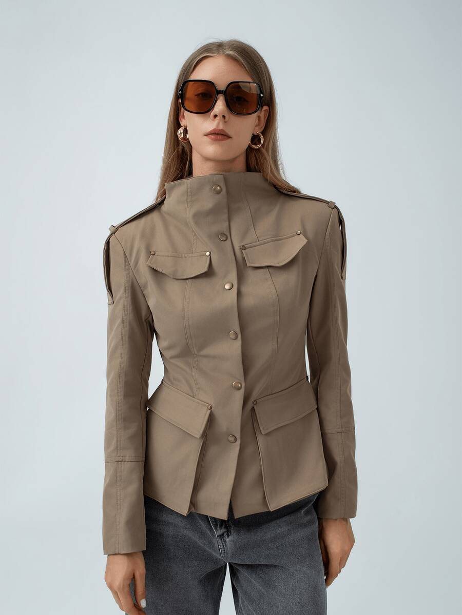 HZXVIC Women's New Elegant Epaulet Design Stand Collar Fitted Jacket