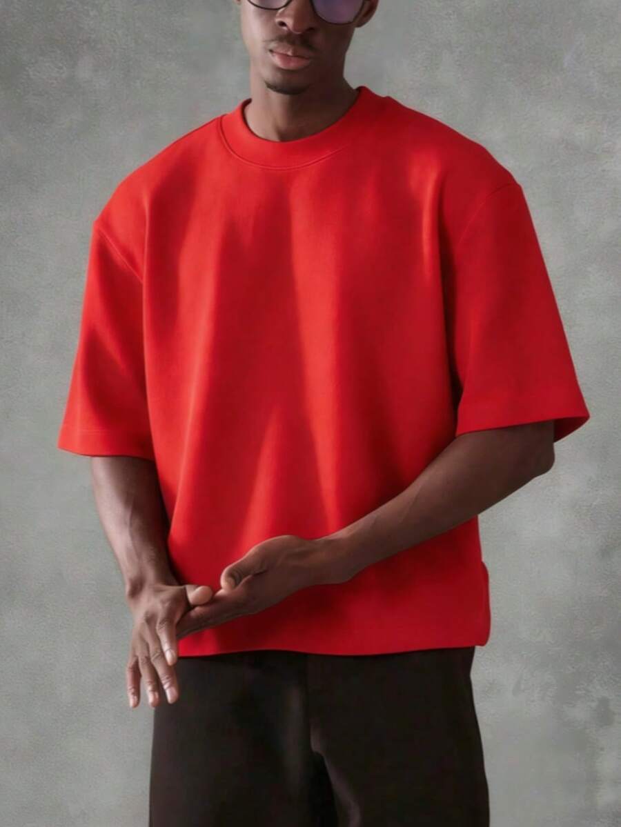 Oversized Boxy Cut Short Sleeve Jersey T Shirt Casual Crop Fit Streetwear Modern Minimalist All Season Essential Top-Comfortable Retro Cotton T-Shirt-Unisex Loose - Fit Comfortable Vintage Street - Style Cotton T - Shirt Top - Đỏ - Xem 1