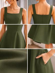 Women's Midi Dress With Square Neckline And Defined Waist | Elegant Midi Dress | Tailored Style | Defined Waist | Perfect Mother's Day Gift - 軍綠色 - 查看 5