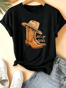 Women's Casual Sports T-Shirt, Black Crew Neck With Colorful Graphic Of Boots And Cowboy Hat - Elastic T-Shirt, Machine Washable, Comfortable Fit And Perfect For All Seasons. - 黑色 - 查看 6