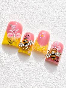 Premium Y2K Handmade 3D Carved Butterfly, Bee French Tip Press On Nails, Butter Yellow Sugar Frosted Rhinestones, Metal Charm Nail Art Set Summer - Nhiều - Xem 3