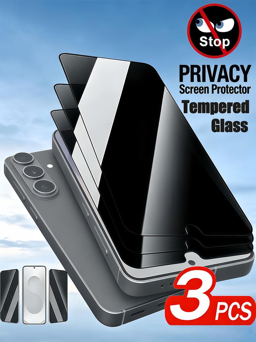 3片裝 9H 全螢幕防偷窺鋼化玻璃螢幕保護膜，相容 Galaxy S26 A57 A37 / 相容 15T Poco X7 Pro / Note 15 / 相容 iPhone 17 Pro Max 16 / Honor X9D，多款機型適用，防摔、不易碎、防窺隱私鋼化玻璃，無氣泡、易貼合