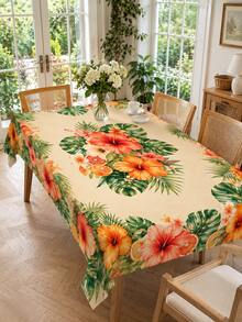 1pc Tropical Hibiscus Orange Floral Print Tablecloth, Beige Background With Citrus Green Leaf Pattern, Vintage Country Style, Outdoor Summer Party Decor, Stain-Resistant And Easy To Clean, Camping Picnic Essential - Multicolor - View 4