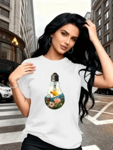 Flowers Inside A Light Bulb Symbolizing The Rebirth Of Nature And The Connection Between Light, Energy, And Life, Conveying Calm And Hope. A Modern, Casual Women's T-Shirt For Everyday Wear. - 白色 - 查看 8