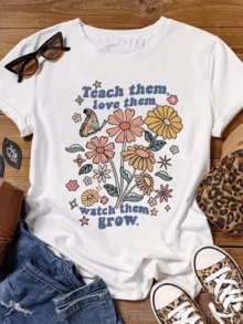A Collection Of Colorful Flowers Alongside Butterflies Symbolizes Personal Growth And The Power Of Love, Conveying A Positive Message Of Care And Learning. A Comfortable, Casual Women's T-Shirt For Everyday Wear And Summer. - 白色 - 查看 6