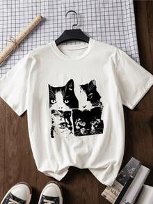 Four Feline Faces Gaze With Depth And Serenity, Symbolizing The Connection Between Curiosity And Inner Calm. A Casual Women's T-Shirt With A Modern Artistic Print, Ideal For Everyday Wear. - 白色 - 查看 1