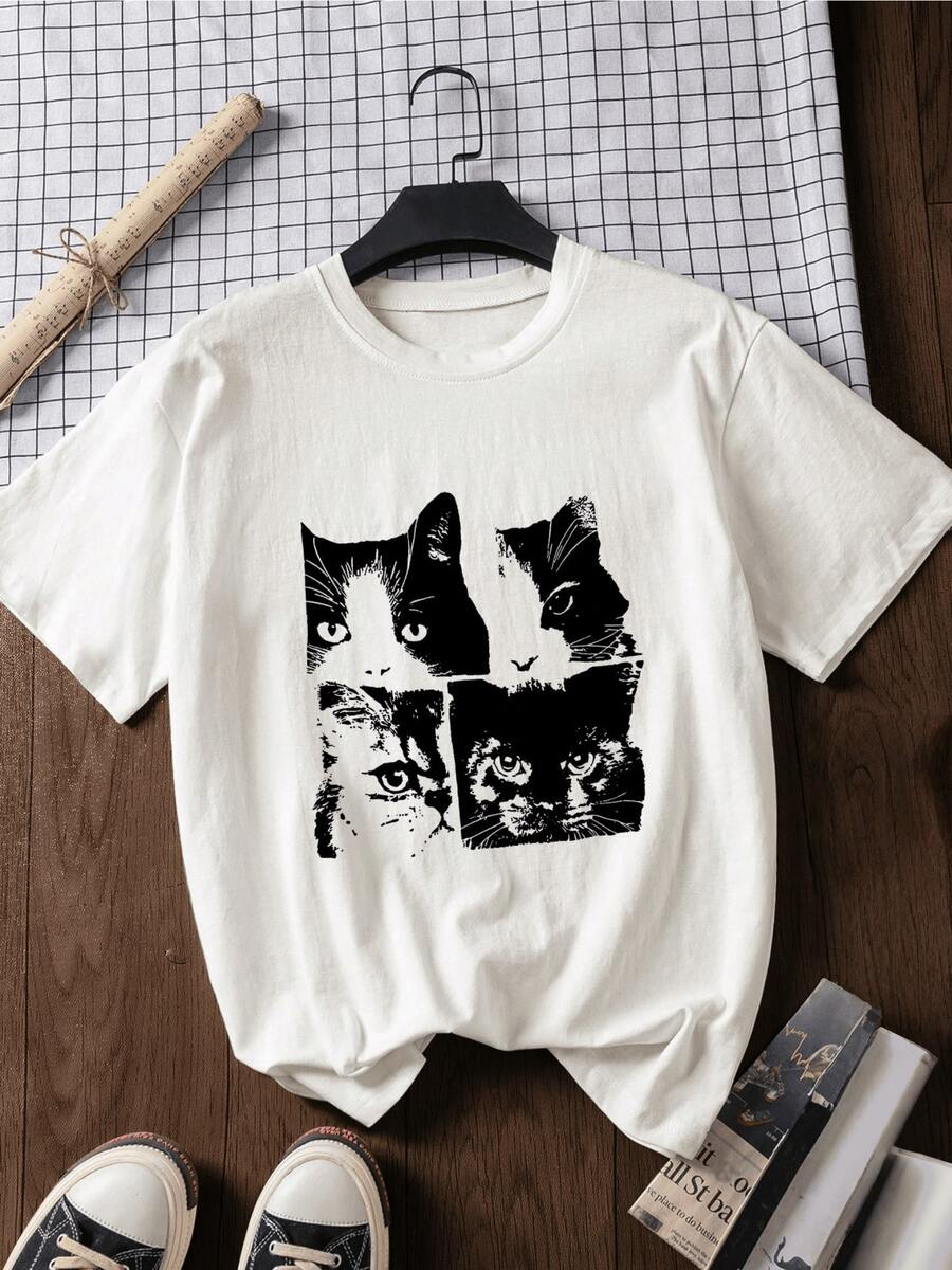 Four Feline Faces Gaze With Depth And Serenity, Symbolizing The Connection Between Curiosity And Inner Calm. A Casual Women's T-Shirt With A Modern Artistic Print, Ideal For Everyday Wear. - 白色 - 查看 1