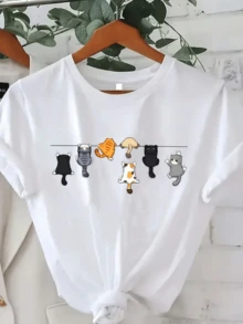 Colorful Cats Hanging From A String Symbolizing Unity, Fun, And Tenderness With Cheerful Details. Comfortable Casual Women's T-Shirt For Everyday Wear. - Putih - View 1