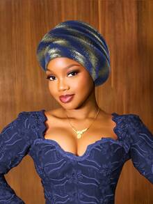 1pc Metallic Color Headscarf, African Style Pleated Headwrap, Pre-Tied Headpiece For Women, Multi-Color Options - A - View 21