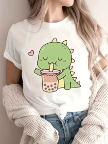 Happy  Dinosaur Enjoying A Drink With Pearls, Symbolizing Tenderness, Energy, And Everyday Joy. Perfect For Expressing Fun On Casual Days. Comfortable And Attractive Modern Women's T-Shirt. - 白色 - 查看 1