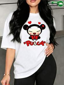 A Cartoonish Image Of A Young Woman With Dark Heart-Shaped Bows Expressing Joy And Tenderness, Surrounded By Small Red Hearts, Ideal For Conveying Positive Energy. A Modern Casual Women's T-Shirt. - 白色 - 查看 1