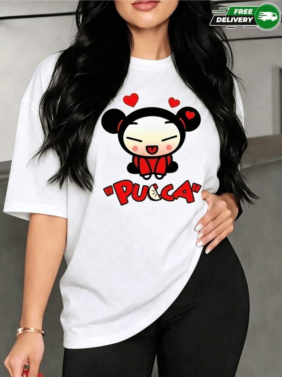 A Cartoonish Image Of A Young Woman With Dark Heart-Shaped Bows Expressing Joy And Tenderness, Surrounded By Small Red Hearts, Ideal For Conveying Positive Energy. A Modern Casual Women's T-Shirt. - 白色 - 查看 1
