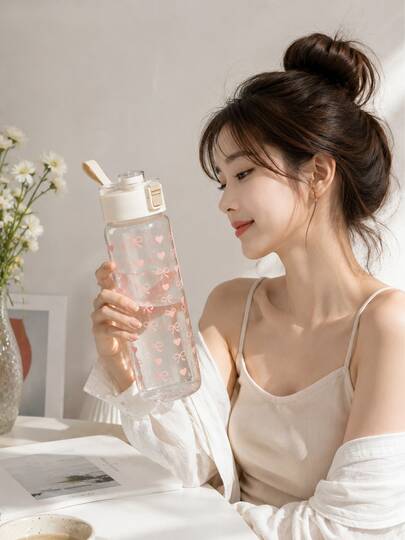 Cute Pastel Water Bottle With Flip Straw Lid, Transparent Plastic Hydration Bottle, Leakproof & Shatterproof Reusable Bottle For School, Commute, Fitness & Daily Hydration