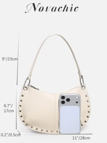 1pc Novachic 26 New Season Rivet Decor Zipper Closure Women Hobo Underarm Shoulder Bag, Suitable For Multiple Occasions - Beige - View 7