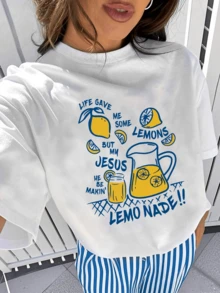 Bright Lemons And A Pitcher Of Lemonade Symbolize Optimism, Energy, And Faith, Showing How To Turn Challenges Into Sweetness. Comfortable And Modern White Casual Women's T-Shirt - 白色 - 查看 1