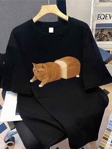 Orange Cat Fused With Bread Symbolizing Tenderness, Humor, And Creativity, Reflecting A Relaxed And Cheerful Spirit, Ideal For Those Who Enjoy The Unexpected. A Modern, Comfortable, Casual Women's T-Shirt For Everyday Wear. - 黑色 - 查看 1