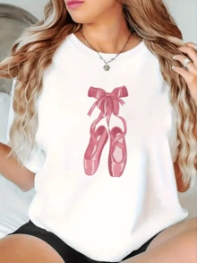 Pink Ballet Shoes Hanging Under A Bow Symbolize Grace, Artistry, And A Passion For Dance, Evoking Smooth Movements And Stage Dreams. A Comfortable, Modern, Casual Women's T-Shirt For Everyday Wear. - 白色 - 查看 6