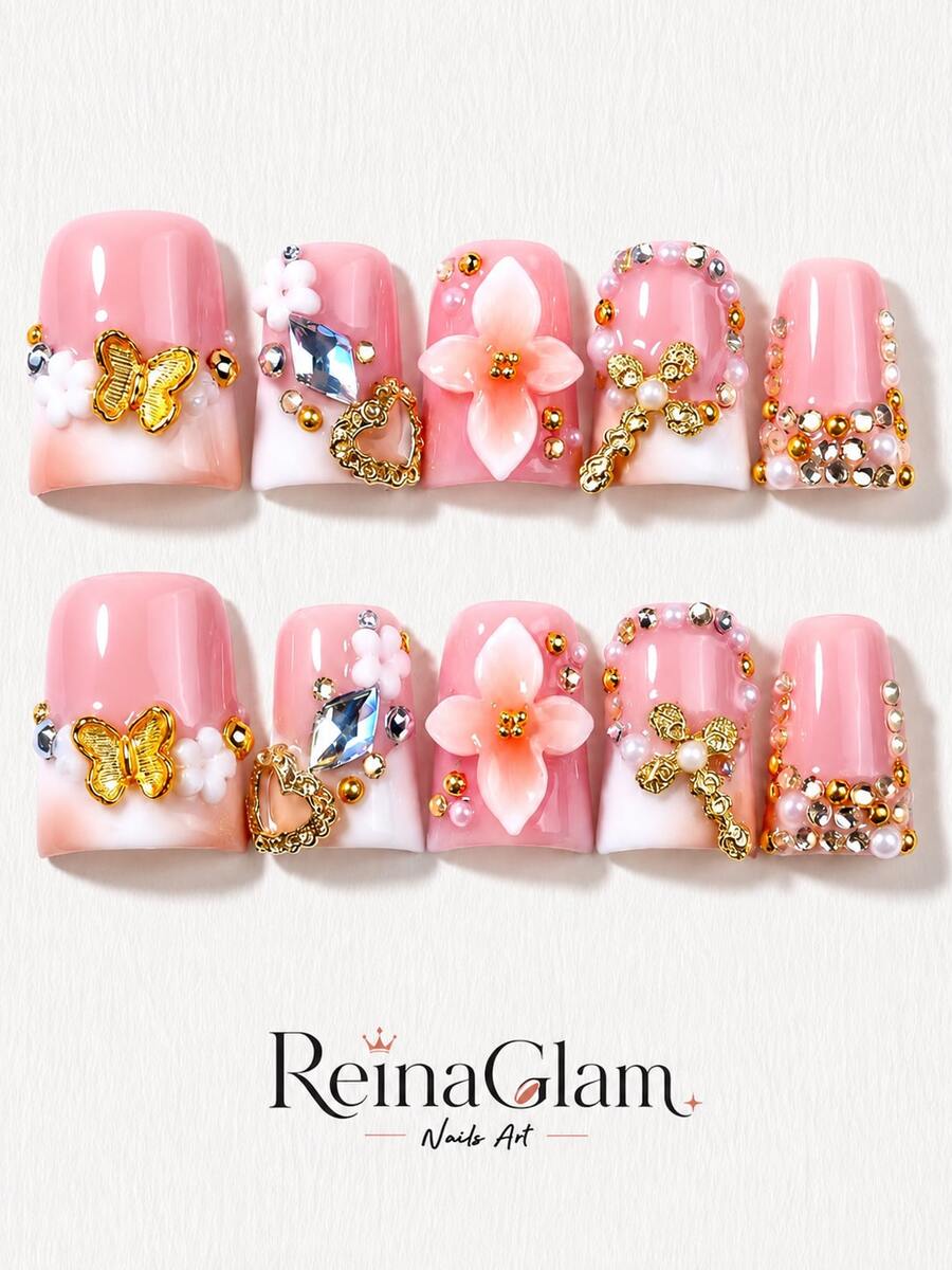10pcs Bright Y2K Handmade Short Duck Acrylic Press On Nails,Pink Jelly Glossy,With White French Tip, Gold Butterfly Charm,3D Flower Decor,Pearl Rhinestone Gem Decor,Unique Nail Set For Wedding, Daily Wear,Summer Vacation Party - Follow Your Heart - 查看 1