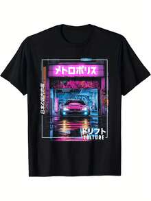Unisex JDM Drift Culture Tokyo City Retro Synthwave Racing Car T-Shirt For Men And Women, Japanese Streetwear Graphic Tees - 黑色 - 查看 7