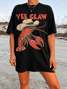Un dibujo de langosta con sombrero que representa la fuerza del mar junto al espíritu aventurero del oeste con letras grandes rojas que evocan energía y confianza camiseta de mujer casual cómoda para verano playa y paseo - Negro - Ver 8