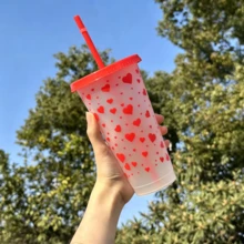 1 unidade/5 unidades/10 unidades, Copo de plástico em formato de coração com grande capacidade de 710 ml (24 oz), copo de café/copo de suco para o verão, adequado para encontros, casamentos, festas e feriados, presente ideal para feriados, família e amigos. - Multicolorido - Ver 10