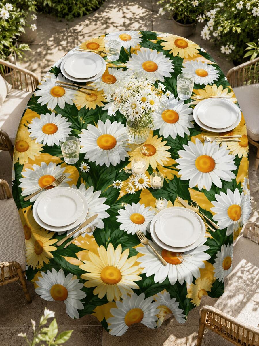 1pc Daisy Flower Print Round Tablecloth, Fresh Spring/Summer Table Linen Decor, Suitable For Dining Room, Kitchen, Outdoor Patio, Picnic Party, Wedding Setup, Room Decor, Home Decor, Wedding Decor, Kitchen Decor - Multicolor - View 1