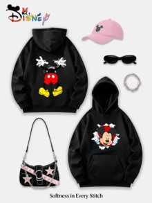This Black Disney Mickey Mouse Hoodie Features A Creative And Quirky Print. A Casual, Versatile, And Stylish Piece, Perfect For Everyday Wear, Shopping, Or Dates. It Exudes A Cool And TrendyVibe.(Women's Autumn/Winter Clothing/Elegant Women's Outfits/Patterned Hoodies/Printed Tops/Casual Outfits For Women/Women Trending Now/Holiday Co-Ord/Plus Size Friendly) - màu đen - Xem 1