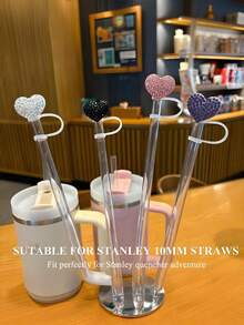 12/4/1pc Bling Heart Straw Covers For Cup -Rhinestone Diamond Valentines Day Straw Toppers, Sparkle Cup Accessories,Bling Rhinestone Hearts Straw Covers Cap Reusable Straw 10mm Silicone Toppers Straw Topper - Multicolor - View 3
