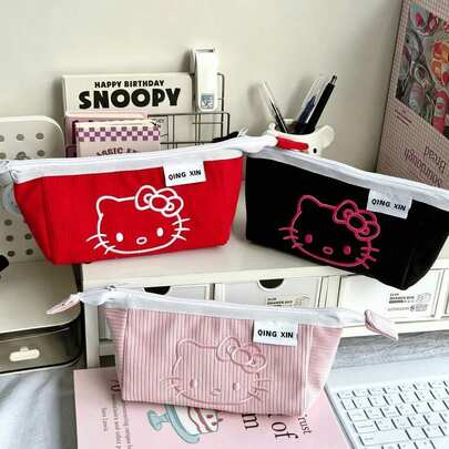 SANRIO 1个三丽鸥Hello Kitty灯芯绒铅笔盒，耐用面料，带拉链，多种颜色可选，大容量，学生文具包，桌面收纳包，化妆包（两用）