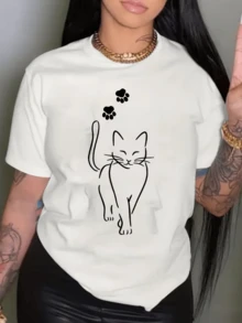 A Cat Walking With Paw Prints Above Its Head Symbolizes Independence, Elegance, And Serenity-Perfect For Reflecting A Love For Animals And Free Energy. A Comfortable, Casual Women's T-Shirt For Everyday Wear. - 白色 - 查看 1