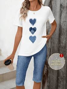 Camiseta Deportiva Casual para Mujer con Diseño de Corazones Texturizados Azules - Camiseta Blanca Elástica de Cuello Redondo, Lavable aáquina, Ajuste Cómodo y Perfecta para Todas las Estaciones. - Blanco - Ver 1