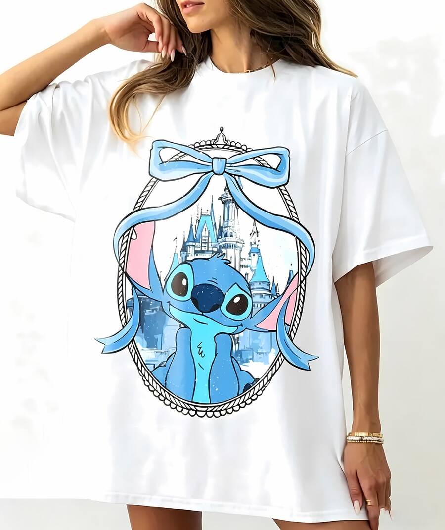 Disney Stitch Castle Bow Tops De Mujer, Magical Lilo & Stitch Castle Graphic Tee, Dreamy Blue Bow Disney Vacation Casual Shirt - White - View 1
