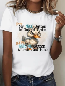 Duck With A Defiant Expression Symbolizing Determination And A Strong Attitude Towards Life, With Funny Phrases That Convey Humor And Character. Comfortable White Casual Women's T-Shirt For Everyday Wear - 白色 - 查看 1
