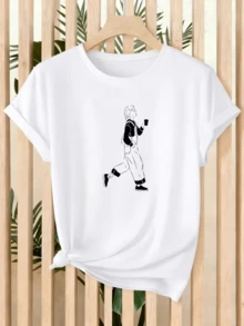 Figure Of A Person Walking With A Cup In Hand Representing Urban Calm And The Search For Personal Balance While Enjoying An Everyday Moment. Women's Casual Modern Comfortable T-Shirt For Daily Wear - 白色 - 查看 1