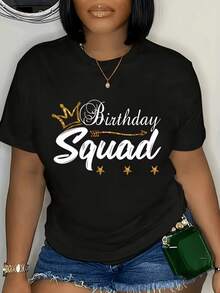 Women's Everyday Wear: "Birthday Quad" Themed Letter And Crown Print T-Shirt - Soft, Breathable, Casual Crew Neck, Suitable For Spring/Summer And Birthdays - Ideal For Everyday Wear And Casual Outfits. Elegant Party Outfit, T-Shirt For Elegant Ladies, Blouses Suitable For Curvy Women, Casual Wear, Cool And Sweat-Free Summer Clothing, Fun Letter Print. - 黑色 - 查看 6