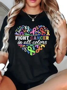Heart Formed By Multicolored Ribbons Symbolizing Hope, Unity, And Strength In The Fight Against Cancer, Transmitting Positive Energy And Mutual Support. Comfortable Casual Women's T-Shirt For Everyday Wear. - 黑色 - 查看 6