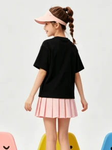 Soft, Loose-Fitting Short-Sleeved T-Shirt For Girls With A Yellow Striped Eye Print Pattern, Suitable For Spring And Summer. Black - Black - View 2