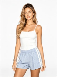 Pantalones cortos de talle alto con estampado de cuadros rosas y ribete de encaje lateral - Pantalones cortos de playa informales de verano para mujer - Azul - Ver 4