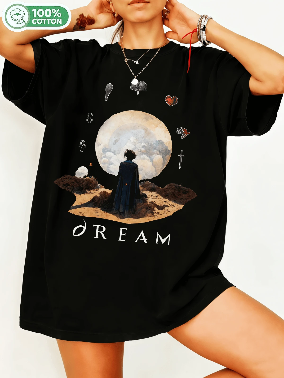 Dreamm Moon Desert Aesthetic Art Graphic 100% Cotton Oversized T-Shirt Y2K Streetwear Unisex Tee For Men Women Gothic Fans Casual Vintage Top. - Black - View 1