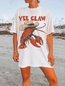 Un dibujo de langosta con sombrero que representa la fuerza del mar junto al espíritu aventurero del oeste con letras grandes rojas que evocan energía y confianza camiseta de mujer casual cómoda para verano playa y paseo - Blanco - Ver 1