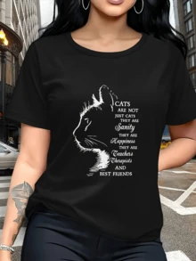 Silueta de gato con mensaje que expresa amor calma y gratitud hacia los felinos simbolizando amistad apoyo emocional y alegría diaria perfecta para amantes de animales camiseta de mujer casual moderna - Negro - Ver 1