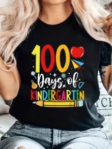 Colorful Graphic With Large Number 100 Accompanied By A Red Apple, Pencil And Paper Airplane Celebrating The Joy Of One Hundred Days Of Fun Learning. Casual, Comfortable And Modern Women's T-Shirt. - 黑色 - 查看 6