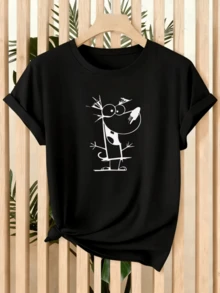 Funny Cat With A Cheerful Expression That Conveys Humor And Positive Energy With Simple And Modern Lines That Evoke Spontaneity And Artistic Style. Casual And Comfortable Women's T-Shirt For Everyday Wear. - 黑色 - 查看 1