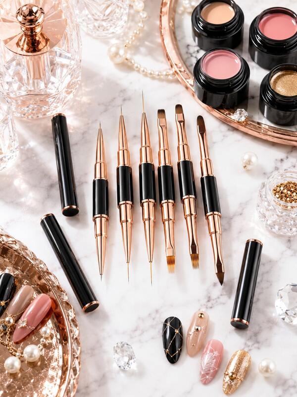 5pcs Dual-Ended Nail Art Brush Set, Black Rose Gold Professional Fine Line Detail Liner Brushes, Flat Round Ombre Builder Gel Painting Pens For French Tips 3d Nail Design, Acrylic Gel Polish Diy Manicure Salon Nail Art Tools Kit