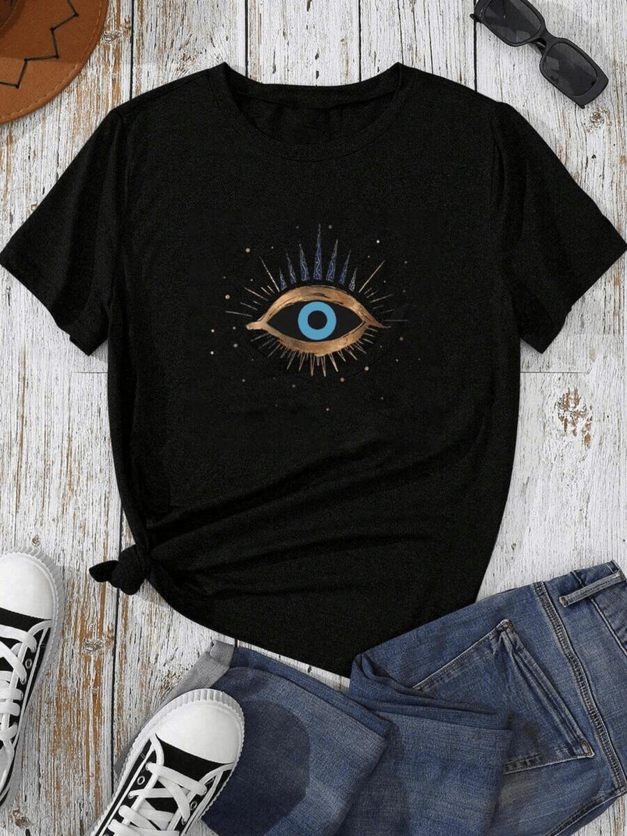 Mystic Blue Eye Surrounded By Golden Sparkles Symbolizing Protection, Intuition, And Inner Energy, Representing Clarity And Spiritual Power. Women's Casual, Modern, Comfortable T-Shirt For Everyday Wear. - 黑色 - 查看 1