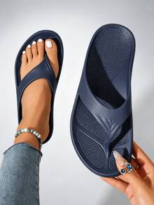 Unisex Flip Flops With Arch Support, Solid Color Beach/Home Slippers, Suitable For Spring, Summer, Autumn - Navy Blue - View 4