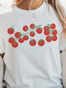 Branch Of Red Tomatoes Symbolizing Freshness, Vitality And Joy Of Nature On A Light Background That Brings Positive Energy And Casual Charm To A Modern, Comfortable Women's T-Shirt For Everyday Wear - 白色 - 查看 1