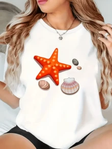Sparkling Starfish Alongside Seashells Evoke The Calm Of The Ocean And The Freedom Of Summer. Comfortable Casual Women's T-Shirt For Everyday Wear, Modern Beachwear. - 白色 - 查看 6