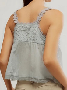 Women Sleeveless Ruffled Lace Trim Boho Spaghetti Crop Top Scoop Neck Flowy Button Down Front Tie Mesh Crop Tank Top - Grey - View 4
